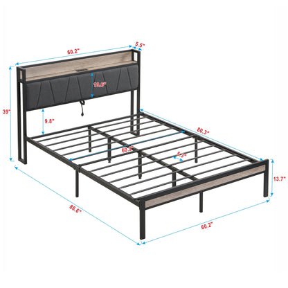 Modern bed frame with upholstered gray headboard featuring wood trim and black metal construction on Tampa Home & Garden Store