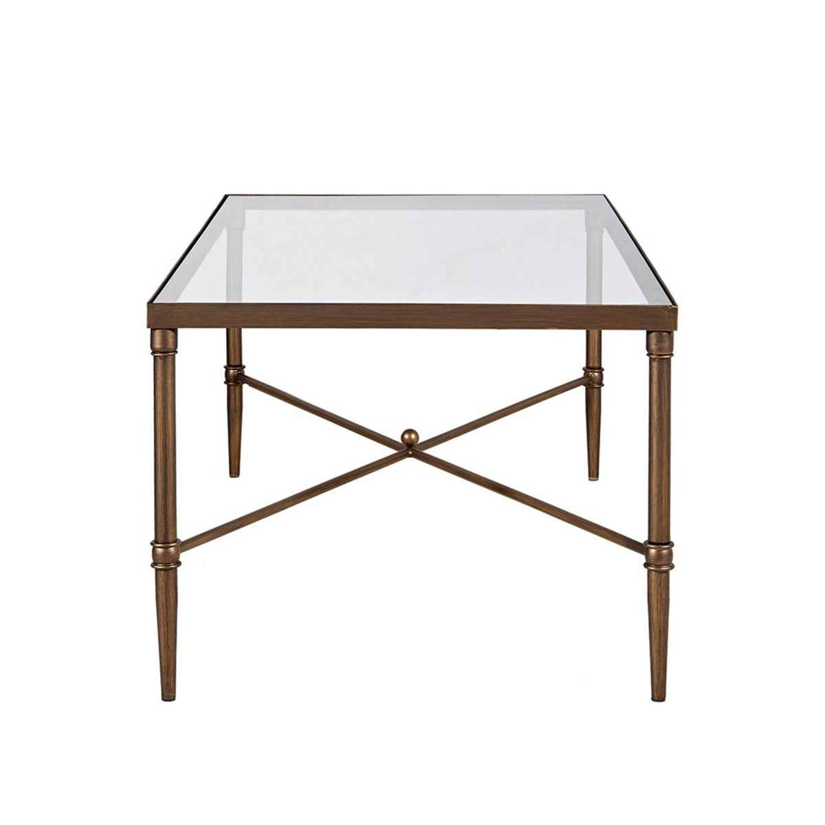 Metal rectangle coffee table with tempered glass top in bronze finish, HouseOfZazla, X-brace legs on Tampa Home & Garden Store