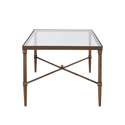 Metal rectangle coffee table with tempered glass top in bronze finish, HouseOfZazla, X-brace legs on Tampa Home & Garden Store