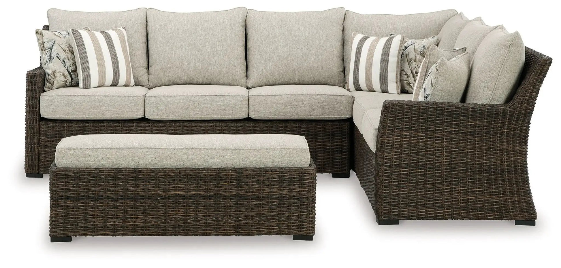 Brook Ranch 3-Piece Outdoor Sofa Sectional with bench cushions, brown wicker and beige cushions on Tampa Home & Garden Store