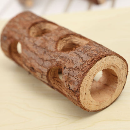 Solid wood pipe tree tube bird toy with bark-covered logs and hollow tunnels on Tampa Home & Garden Store