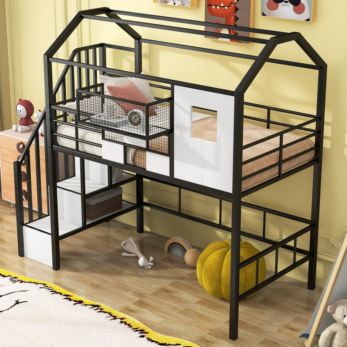 Metal loft bed with roof design, guardrails, integrated ladder and built-in storage drawers on Tampa Home & Garden Store