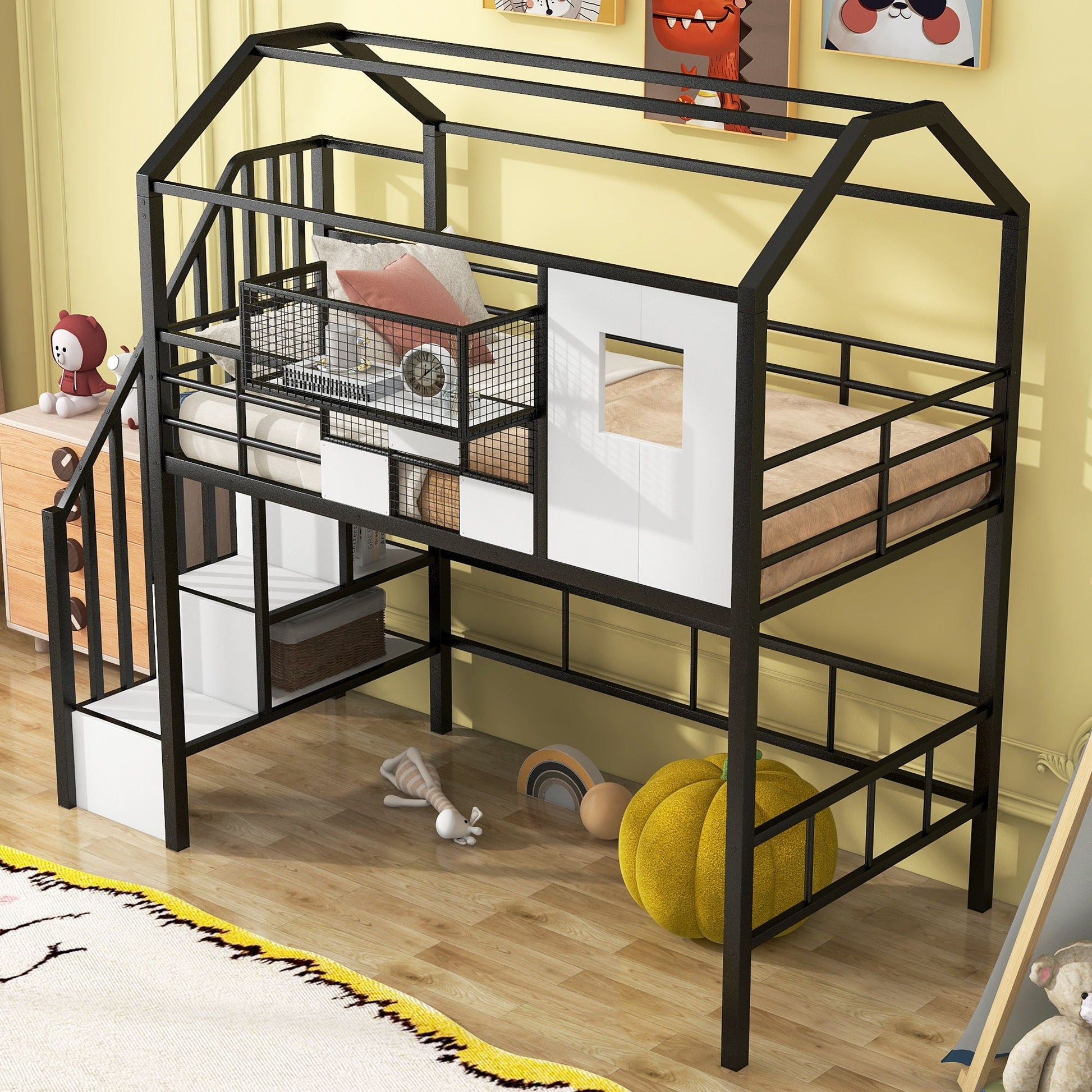 Metal loft bed with roof design, guardrails, integrated ladder and built-in storage drawers on Tampa Home & Garden Store