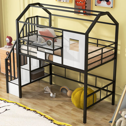 Metal loft bed with roof design, guardrails, integrated ladder and built-in storage drawers on Tampa Home & Garden Store