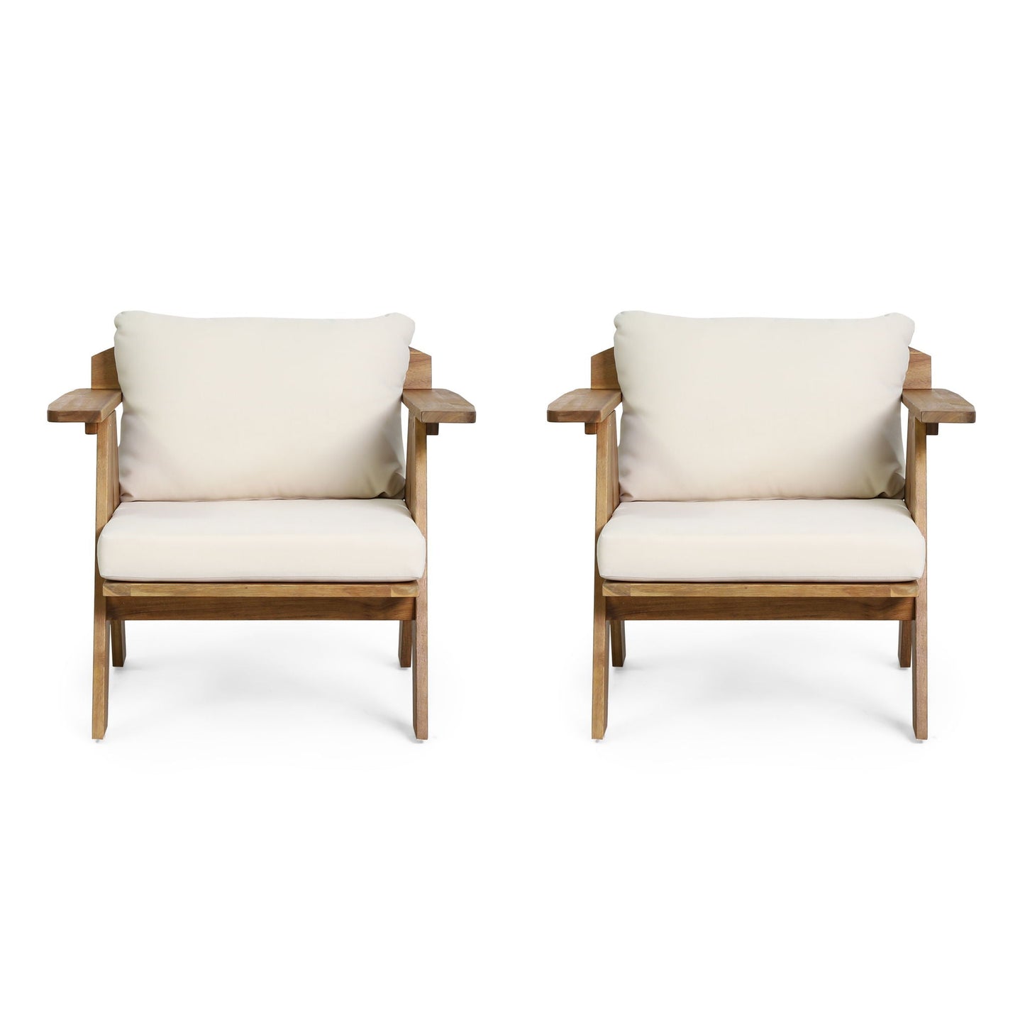 Outdoor acacia wood club chairs with beige cushions, teak set of 2 on Tampa Home & Garden Store