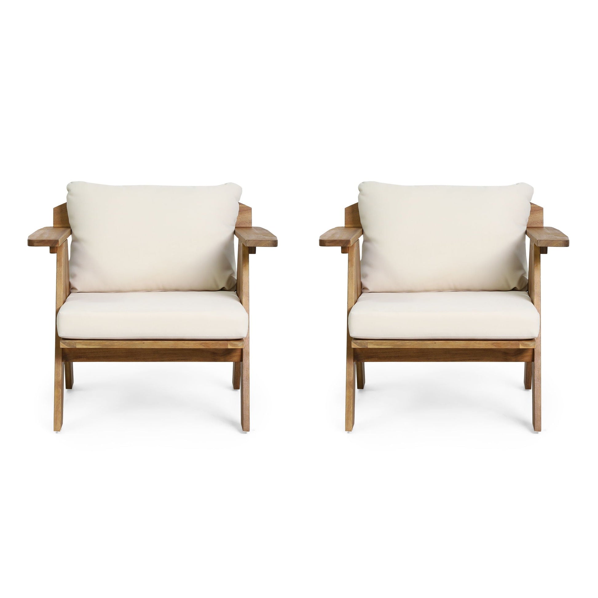 Outdoor acacia wood club chairs with beige cushions, teak set of 2 on Tampa Home & Garden Store