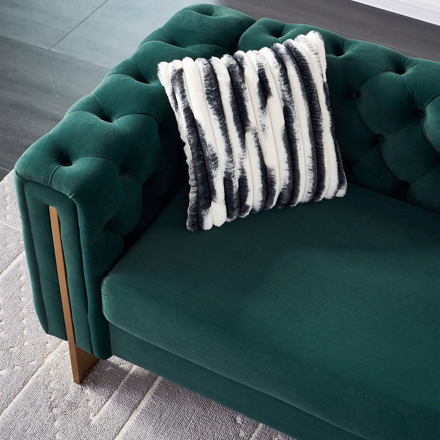Chesterfield Modern Tufted Sofa 84.25W emerald green velvet with tufted arms and striped throw on Tampa Home & Garden Store