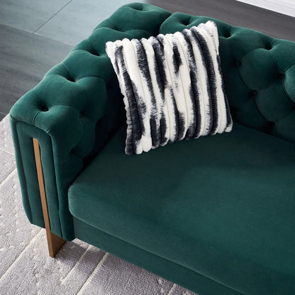 Chesterfield Modern Tufted Sofa 84.25W emerald green velvet with tufted arms and striped throw on Tampa Home & Garden Store