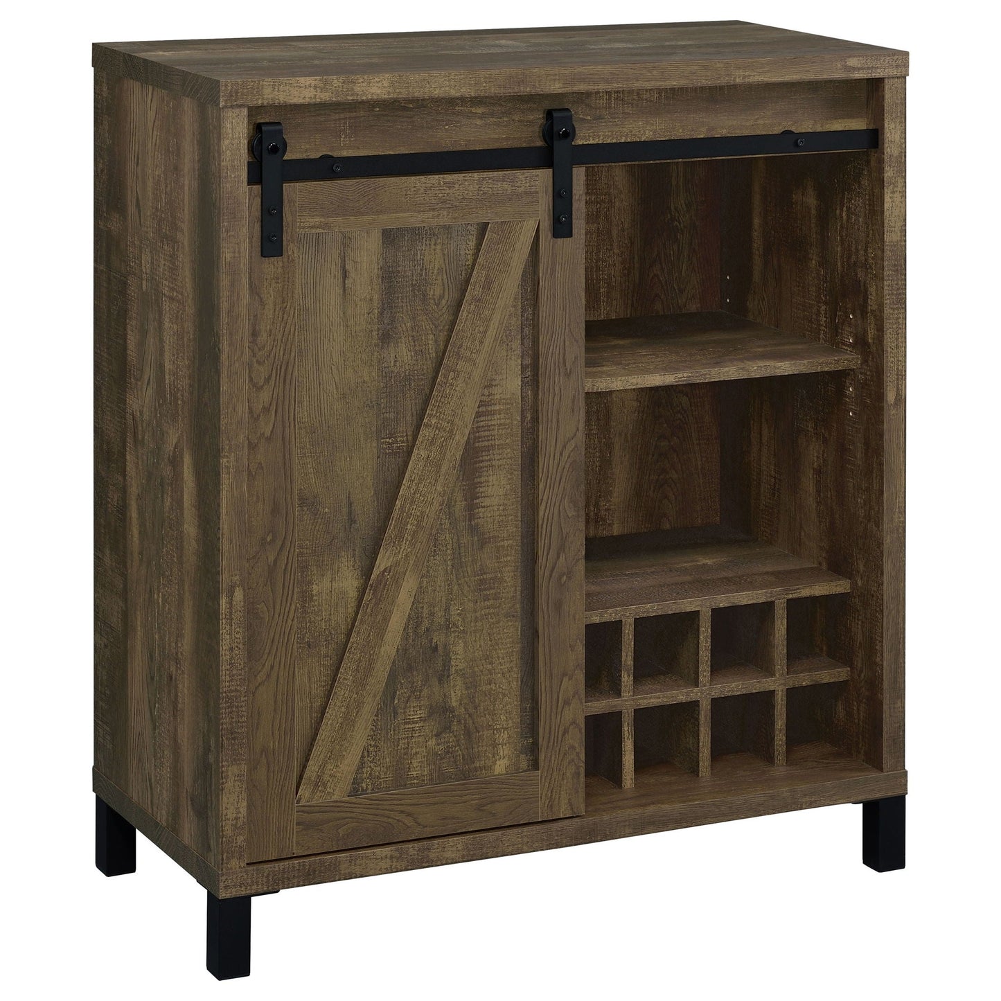 Arcata oak sliding door bar cabinet by HouseOfZazla with black barn hardware and wine storage on Tampa Home & Garden Store
