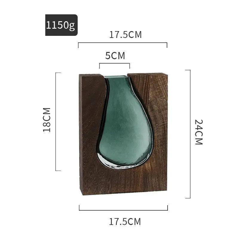 Nordic Original Solid Wood Transparent Glass Vase Ornament green teardrop in wooden block on Tampa Home & Garden Store