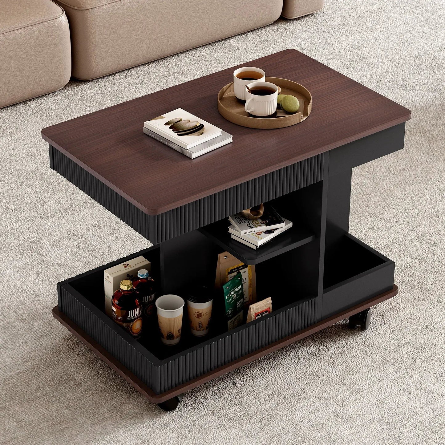 End table with wheels, Unique Piece Furniture; dark wood top, black base, 360° rotating tray on Tampa Home & Garden Store