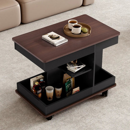 End table with wheels, Unique Piece Furniture; dark wood top, black base, 360° rotating tray on Tampa Home & Garden Store