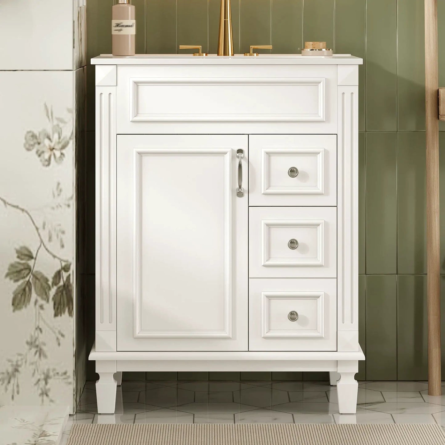 Bathroom vanity with sink, white, compact cabinet and 2 drawers, brass hardware, green tile on Tampa Home & Garden Store