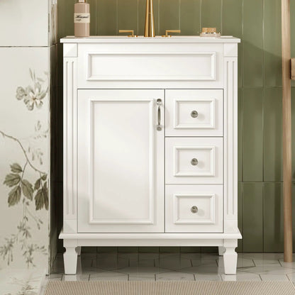 Bathroom vanity with sink, white, compact cabinet and 2 drawers, brass hardware, green tile on Tampa Home & Garden Store
