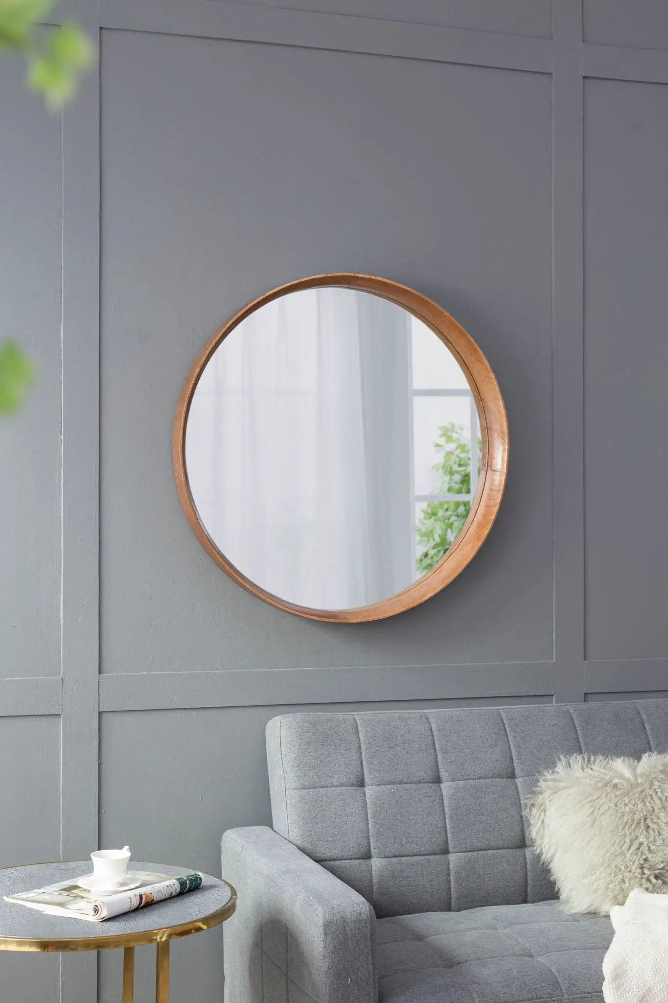 Round Wood Mirror Wall Mounted Home Decor