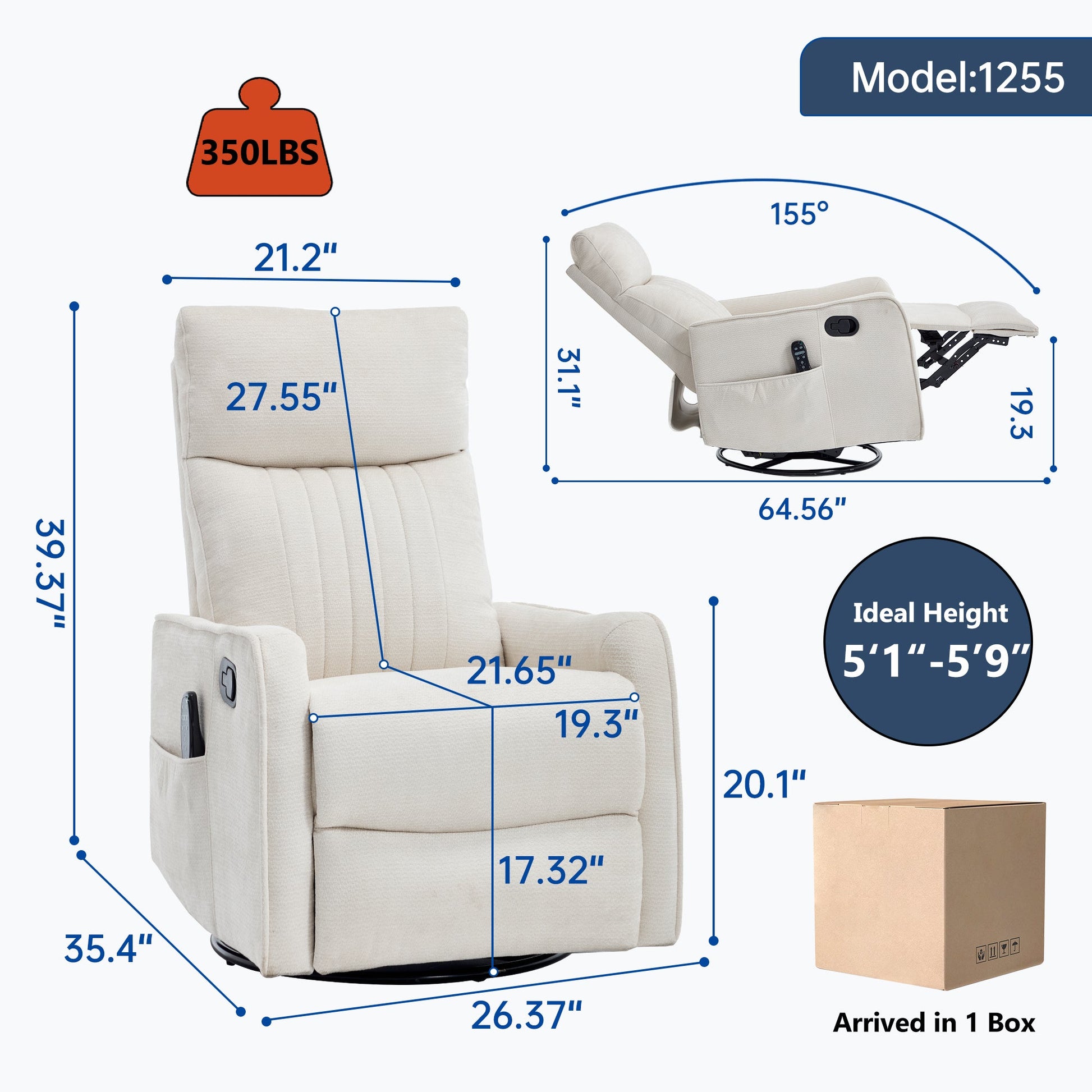 Beige heat massage manual recliner chair with rocker and swivel by HouseOfZazla, model 1255 on Tampa Home & Garden Store