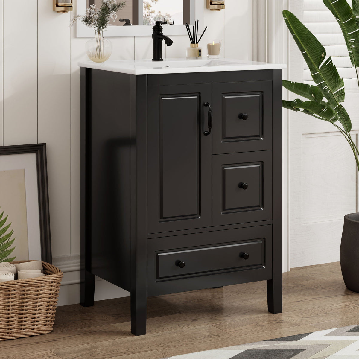 Retro bathroom vanity in black with white ceramic sink and soft-closing drawers on Tampa Home & Garden Store