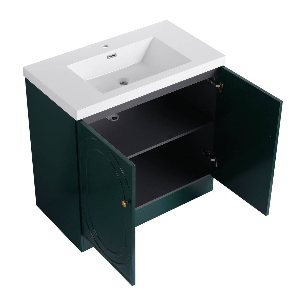 Freestanding vanity with white resin sink and countertop atop dark green cabinet with door on Tampa Home & Garden Store