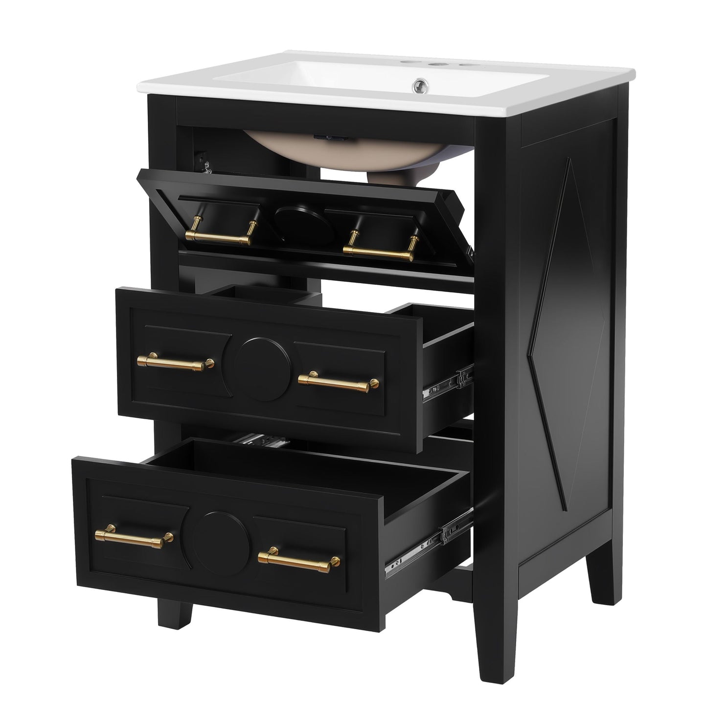 Bathroom vanity with sink by HouseOfZazla, black freestanding cabinet, white countertop, 3-drawer brass hardware on Tampa Home & Garden Store