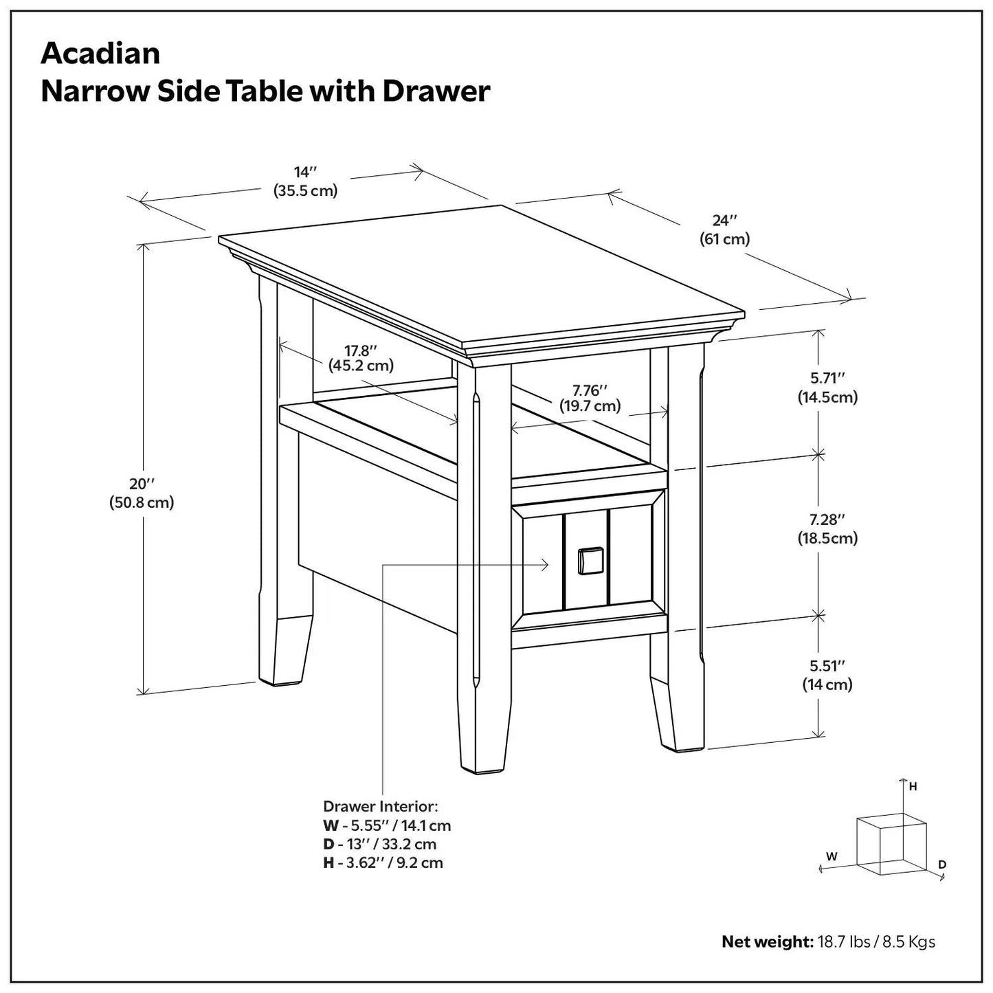 Acadian Narrow Side Table with Drawer, line drawing shows 24" top, 14" depth, 20" height on Tampa Home & Garden Store