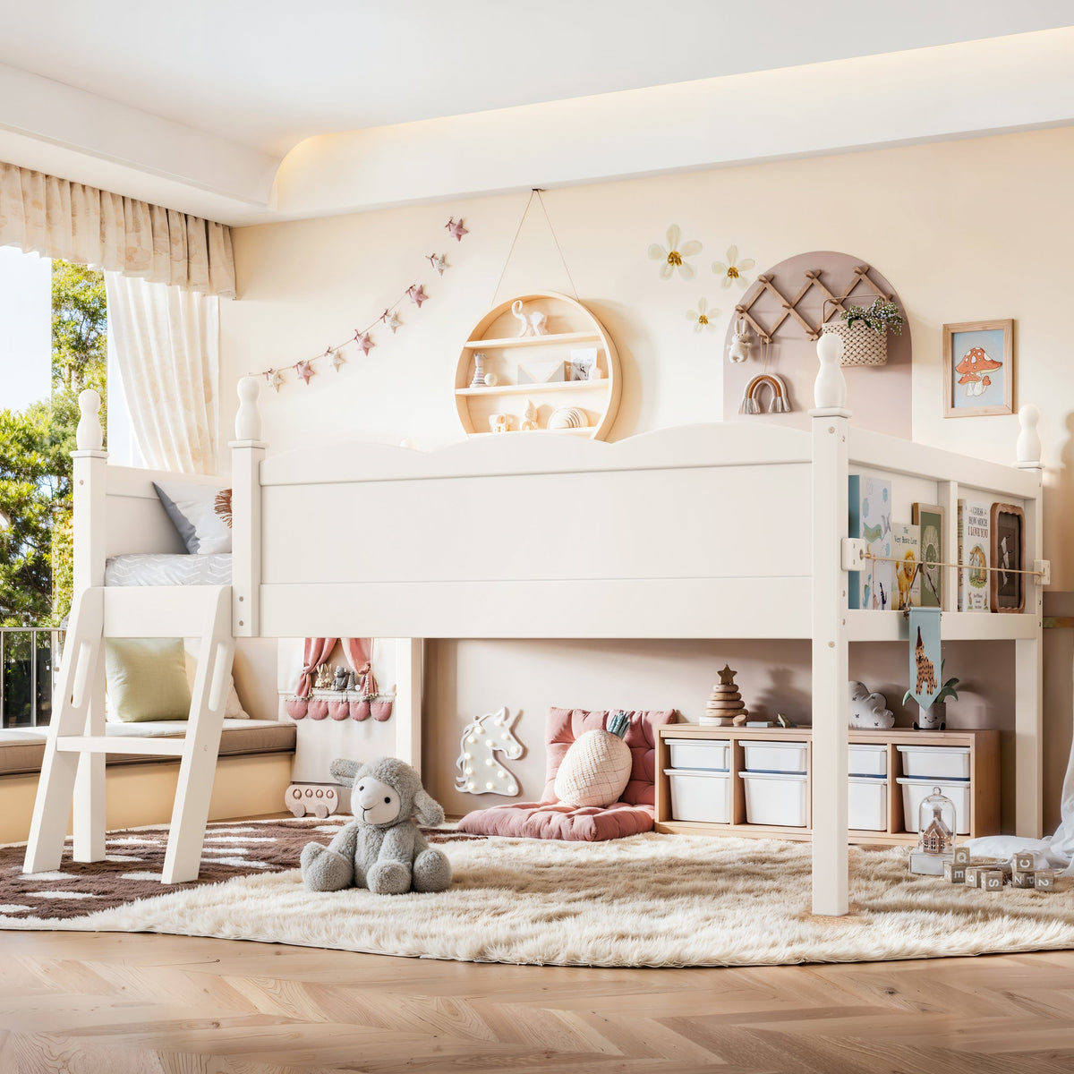 Full Size Low Loft Bed with Full-Length Guardrails white by HouseOfZazla; ladder left, cozy play nook underneath on Tampa Home & Garden Store
