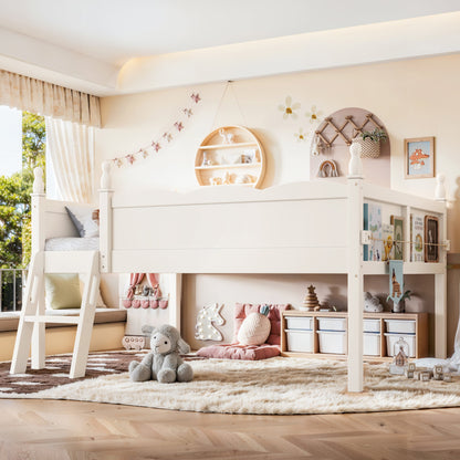 Full Size Low Loft Bed with Full-Length Guardrails white by HouseOfZazla; ladder left, cozy play nook underneath on Tampa Home & Garden Store