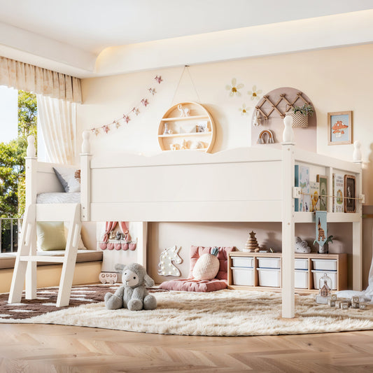 Full Size Low Loft Bed with Full-Length Guardrails white by HouseOfZazla; ladder left, cozy play nook underneath on Tampa Home & Garden Store