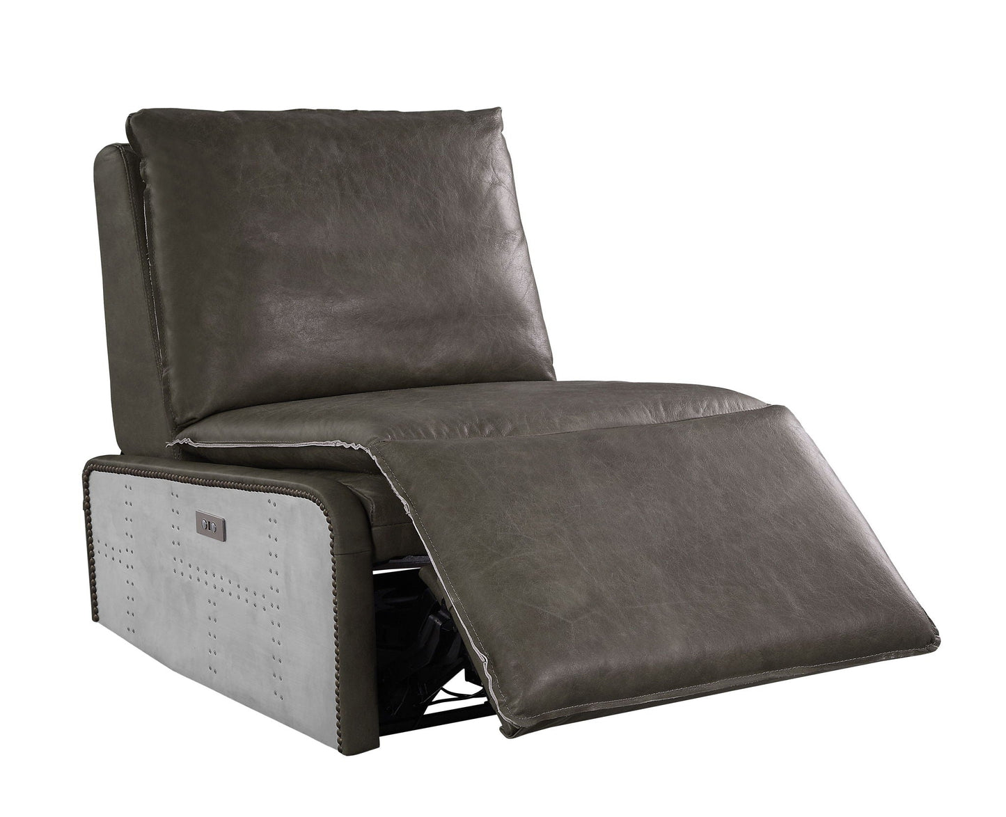 Metier power motion recliner in gray leather with aluminum base and studded trim on Tampa Home & Garden Store