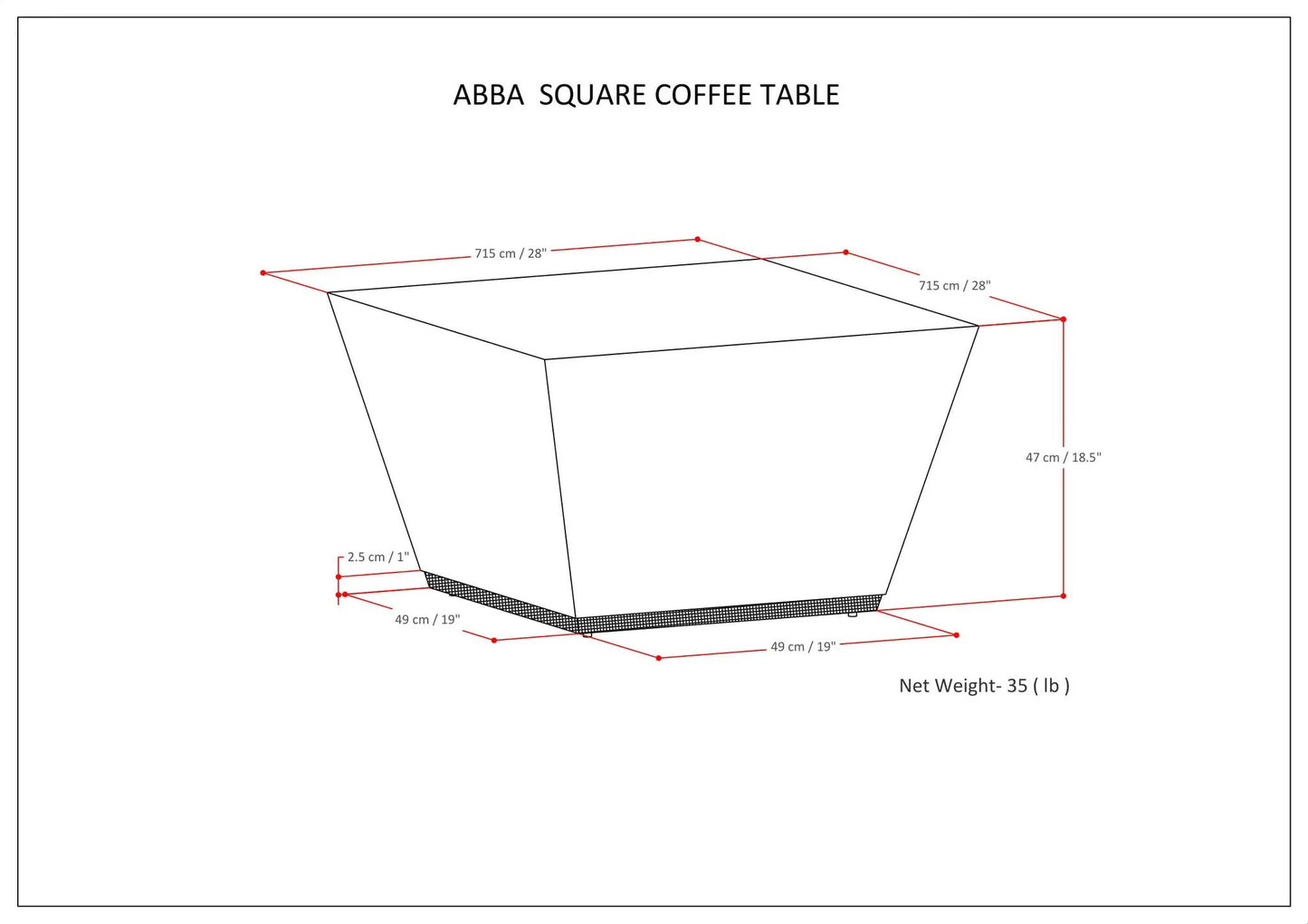 Abba Handcrafted Coffee Table blueprint with red dimension lines by Unique Piece Furniture on Tampa Home & Garden Store