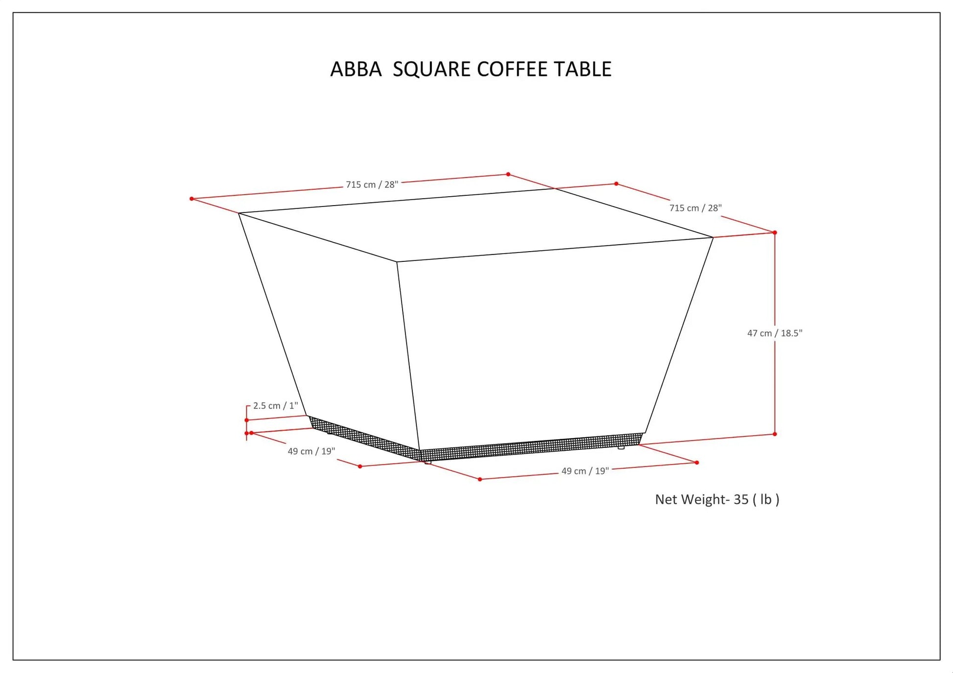 Abba Handcrafted Coffee Table blueprint with red dimension lines by Unique Piece Furniture on Tampa Home & Garden Store