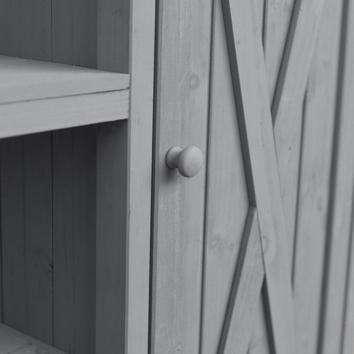 Foldable outdoor kitchen island cabinet in wood with round knobs and vertical panels on Tampa Home & Garden Store