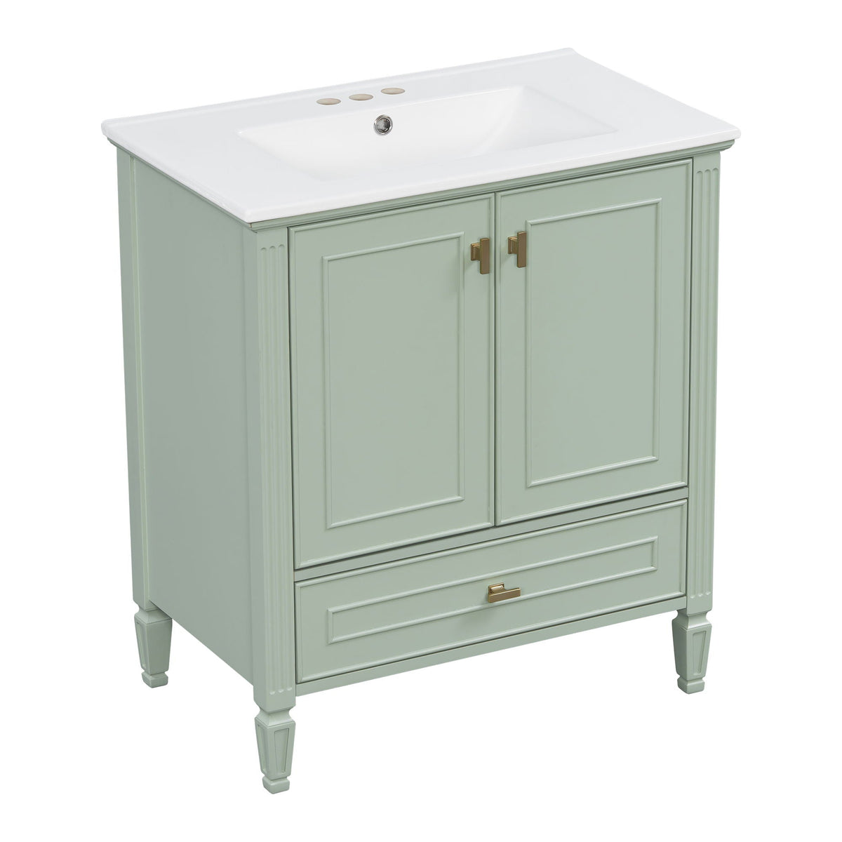 Freestanding vanity with drawers and doors in sage green, white countertop by HouseOfZazla on Tampa Home & Garden Store
