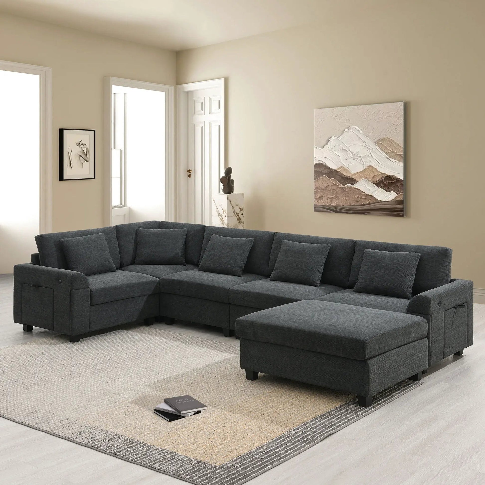 U-shaped sectional sofa with oversized ottoman, hidden storage, USB ports and cup holders on Tampa Home & Garden Store