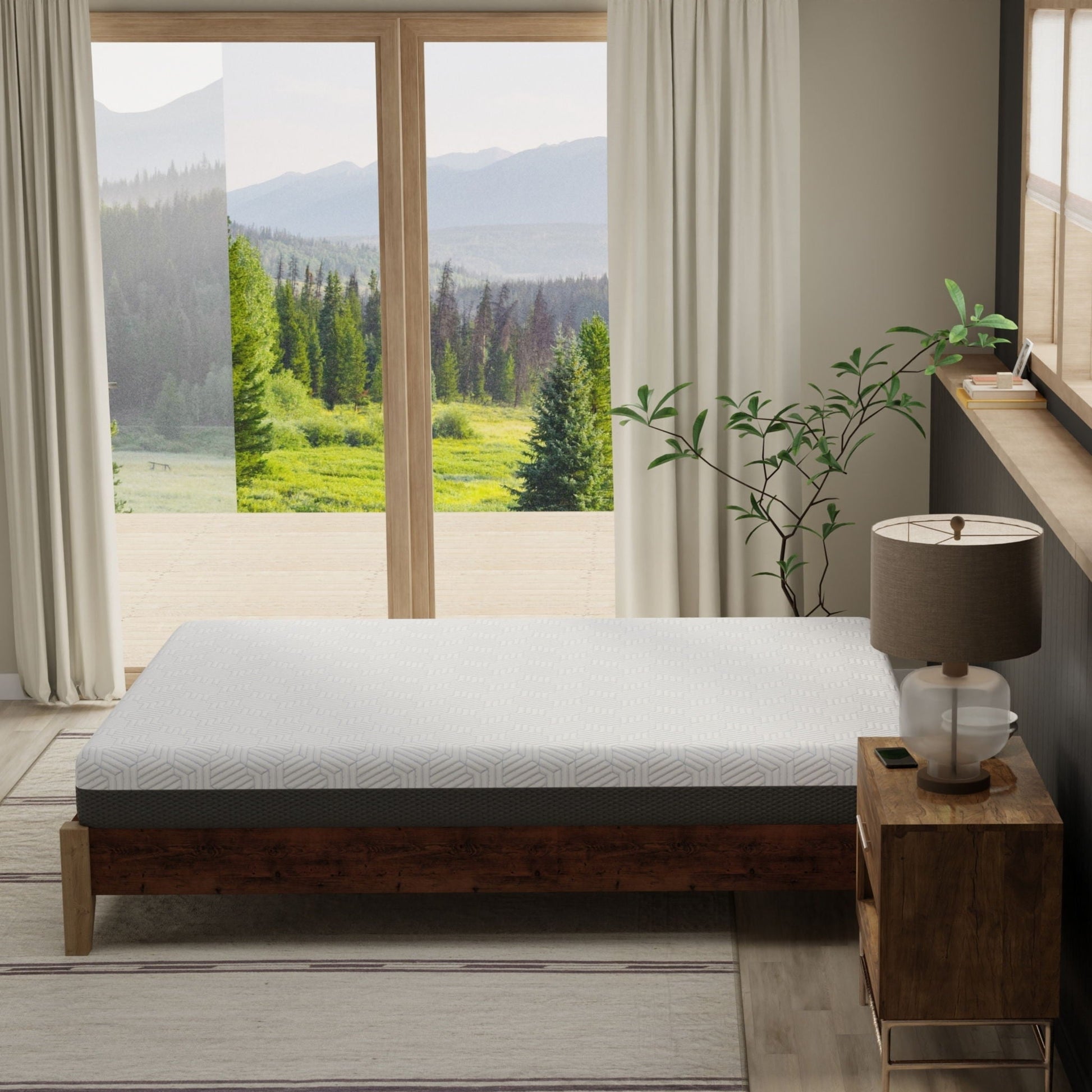 Pur Chill 8-inch Firm Hybrid Mattress with Phase Change Cooling Fabric on a wooden bed frame in a bedroom on Tampa Home & Garden Store