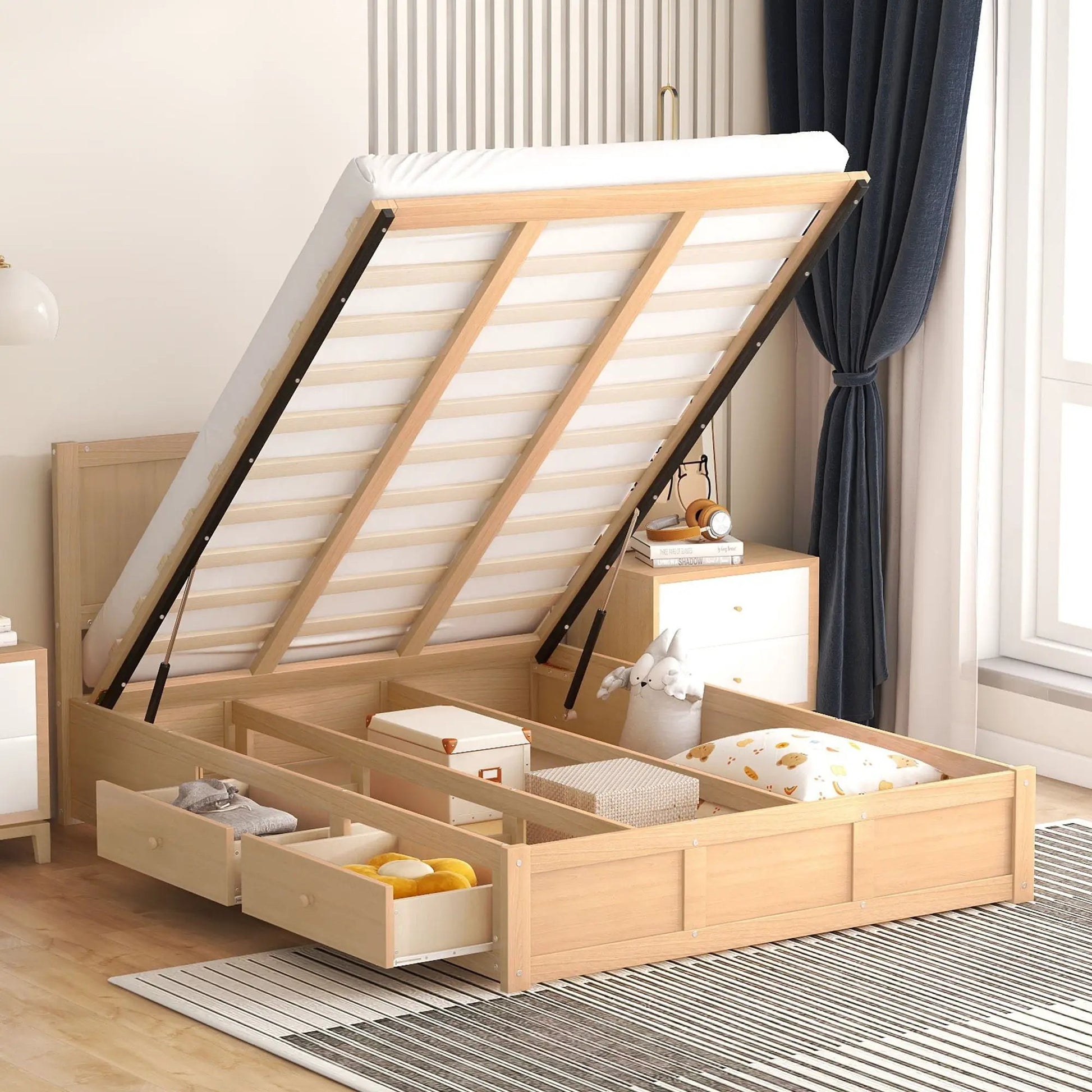 Platform bed with lift-up under-bed storage and two drawers in oak by Unique Piece Furniture on Tampa Home & Garden Store