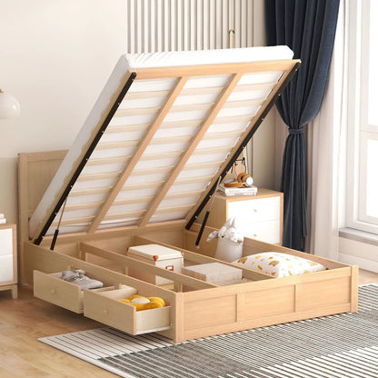 Platform bed with lift-up under-bed storage and two drawers in oak by Unique Piece Furniture on Tampa Home & Garden Store