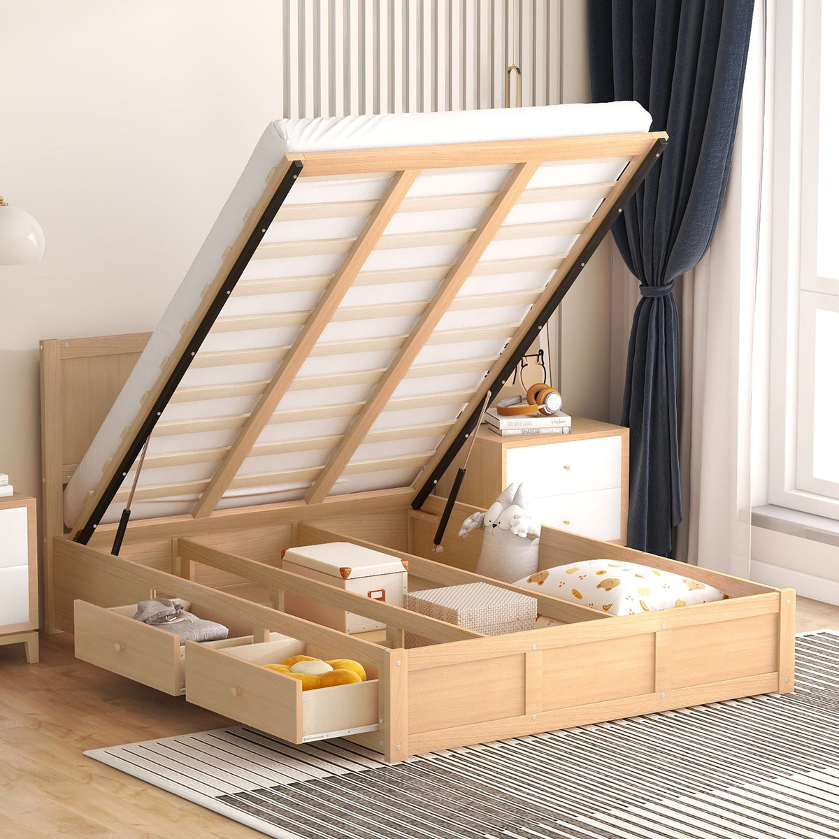 Platform bed with under-bed storage and two drawers in light wood, gas-lift frame, HouseOfZazla on Tampa Home & Garden Store