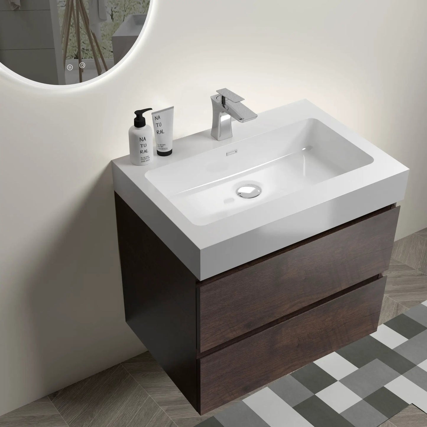Alice wall-mounted vanity with sink, white top and dark wood cabinet, chrome faucet on Tampa Home & Garden Store