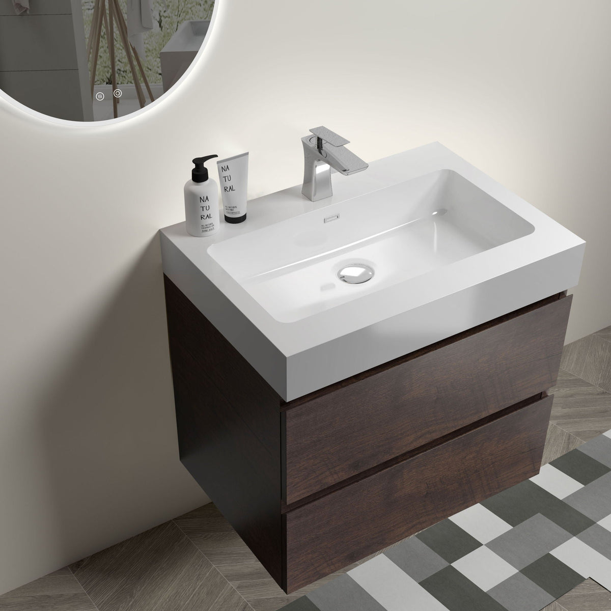 Alice wall-mounted vanity with integrated white sink, chrome faucet, and dark wood base on Tampa Home & Garden Store