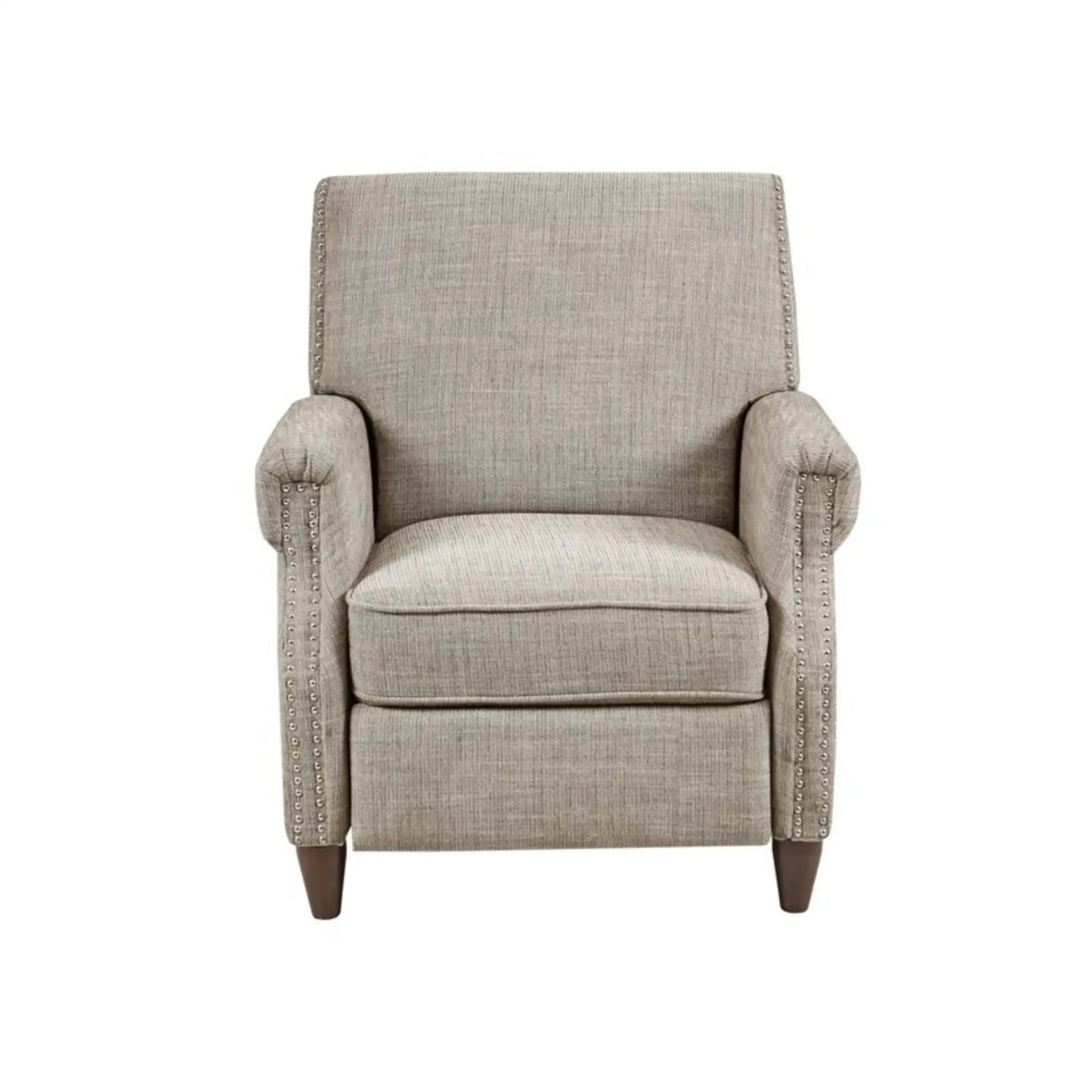 Julian push back recliner in sand fabric with nailhead trim and tapered wood legs on Tampa Home & Garden Store