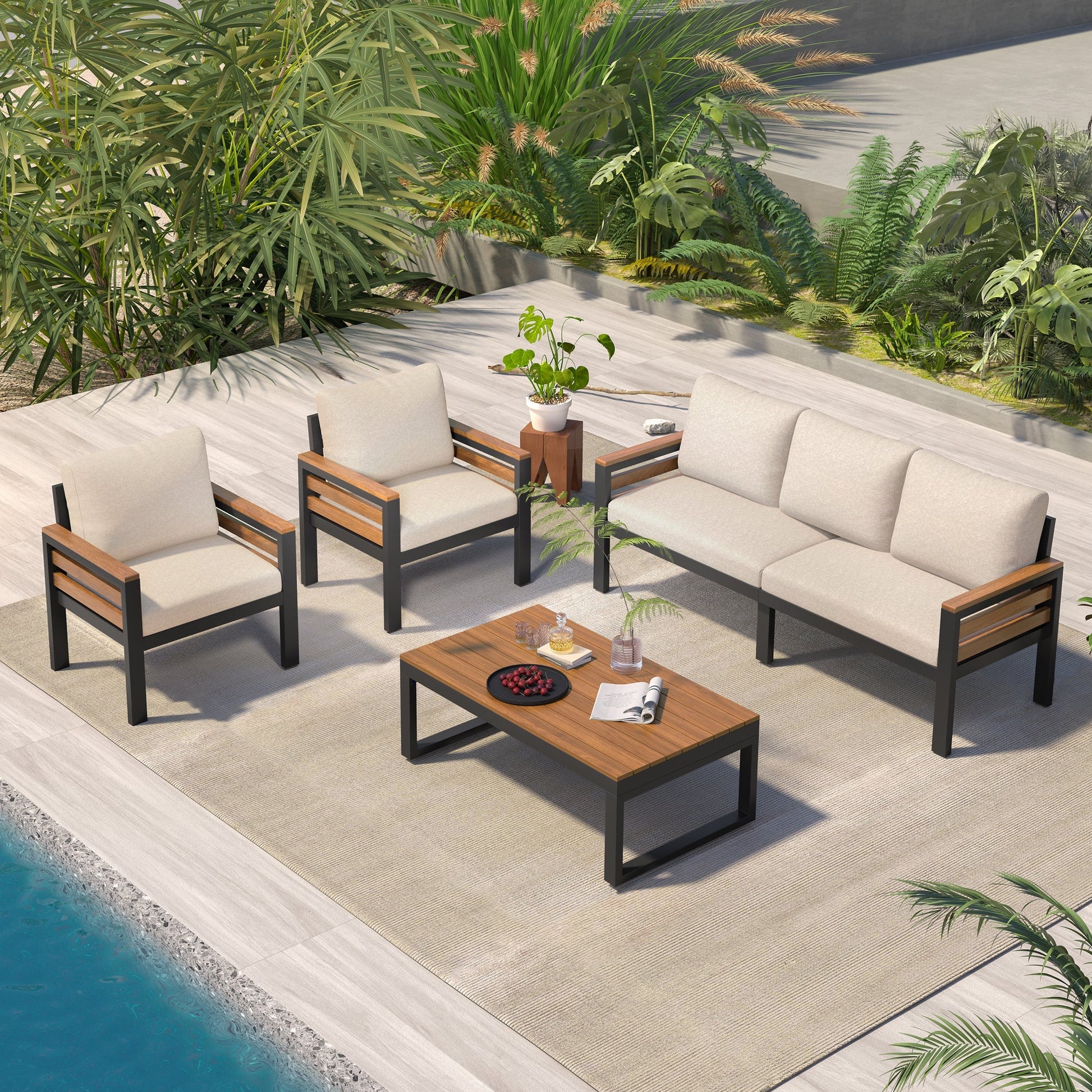 Go 4-Piece Outdoor Furniture Sofa Set by HouseOfZazla with beige cushions and wooden frames on Tampa Home & Garden Store