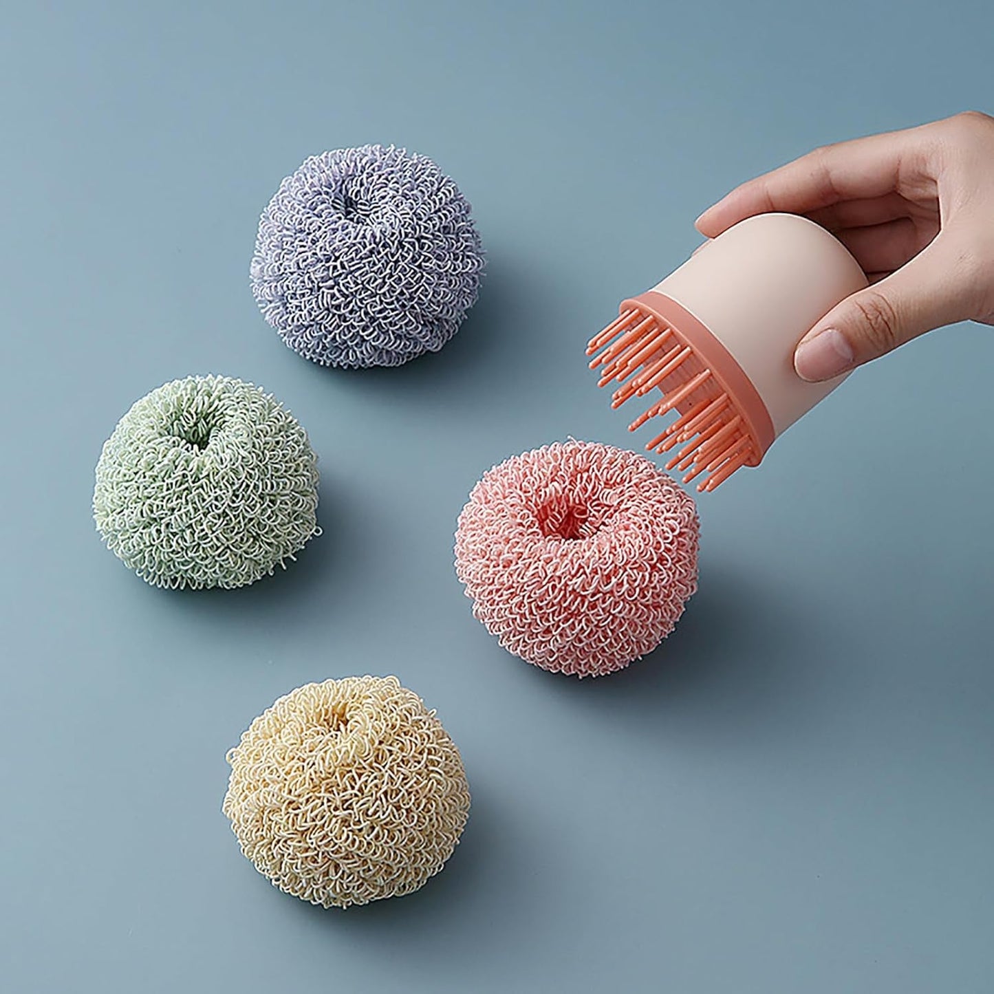 No-Scratch Kitchen Scrub Brush with Replaceable Fiber Scouring Balls – Anti-Scratch, Durable Handle for Non-Stick, Stainless Steel & Ceramic Cookware