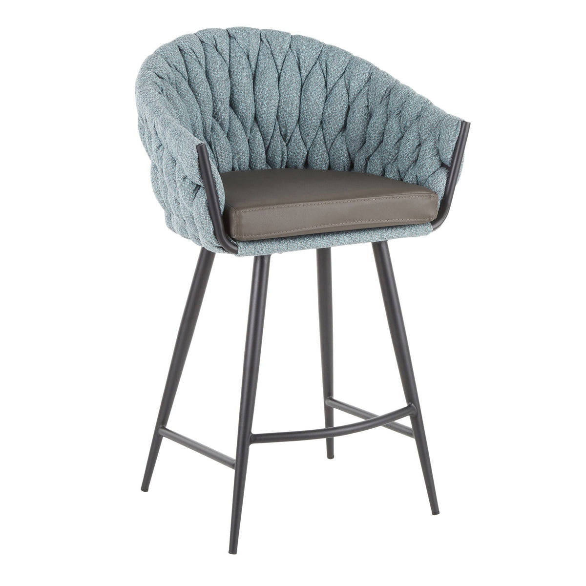 Braided counter-height chair with padded brown bucket seat and blue-gray back on black legs on Tampa Home & Garden Store