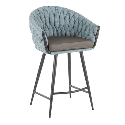 Braided counter-height chair with padded brown bucket seat and blue-gray back on black legs on Tampa Home & Garden Store