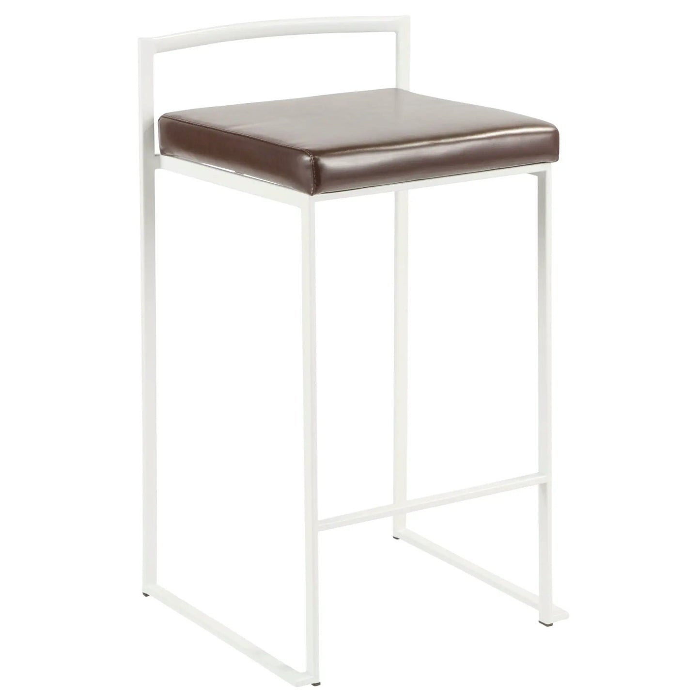 Fuji stackable counter stool with white metal frame and brown leather padded seat on Tampa Home & Garden Store