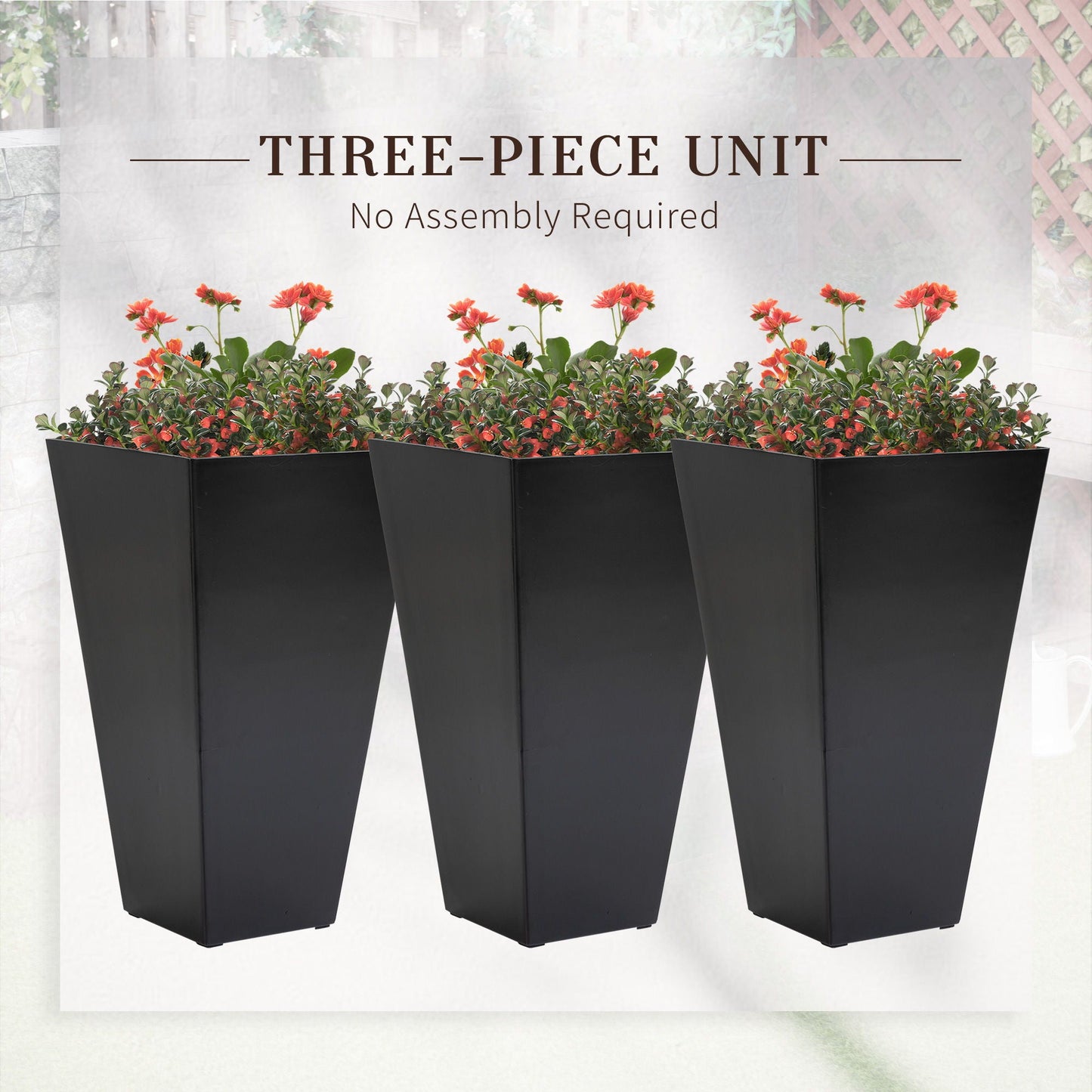 Outsunny three-piece set of large tapered black plastic planters with red flowers on Tampa Home & Garden Store