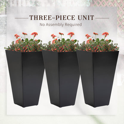 Outsunny three-piece set of large tapered black plastic planters with red flowers on Tampa Home & Garden Store