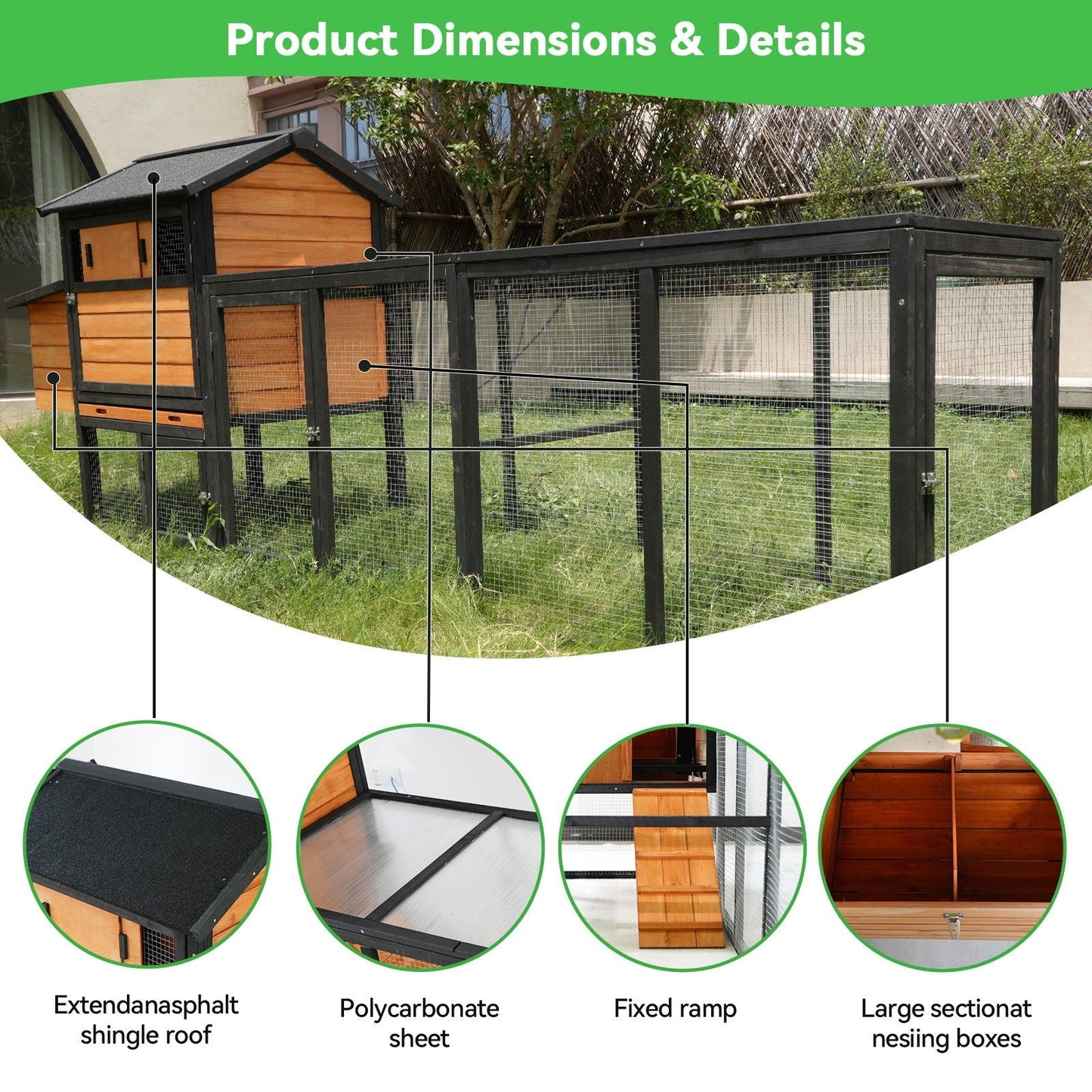 Chicken coop with run and nesting boxes, black-framed wooden hutches with mesh enclosure on Tampa Home & Garden Store