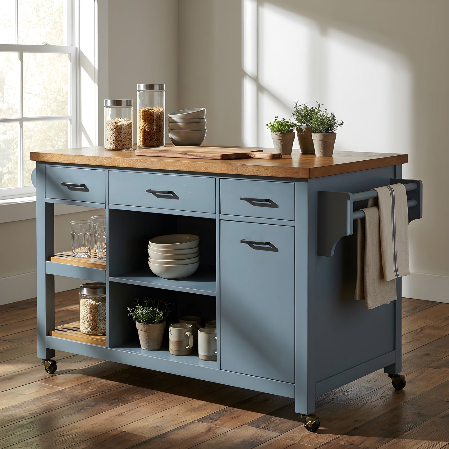 52in Kitchen Island Cart with Rubber Wood Top in blue, on wheels, multiple drawers HouseOfZazla on Tampa Home & Garden Store