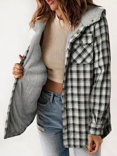 Plaid Snap Down Plush Hooded Jacket Women Warm